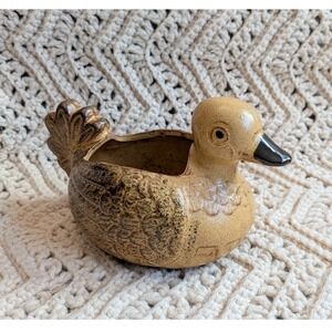 Vintage Ceramic Duck Planter Brown Tan Speckled Bird Figurine Trinket Dish 6in
